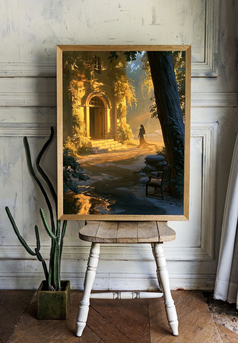 Golden Forest Courtyard Illustration Poster. — room view 1