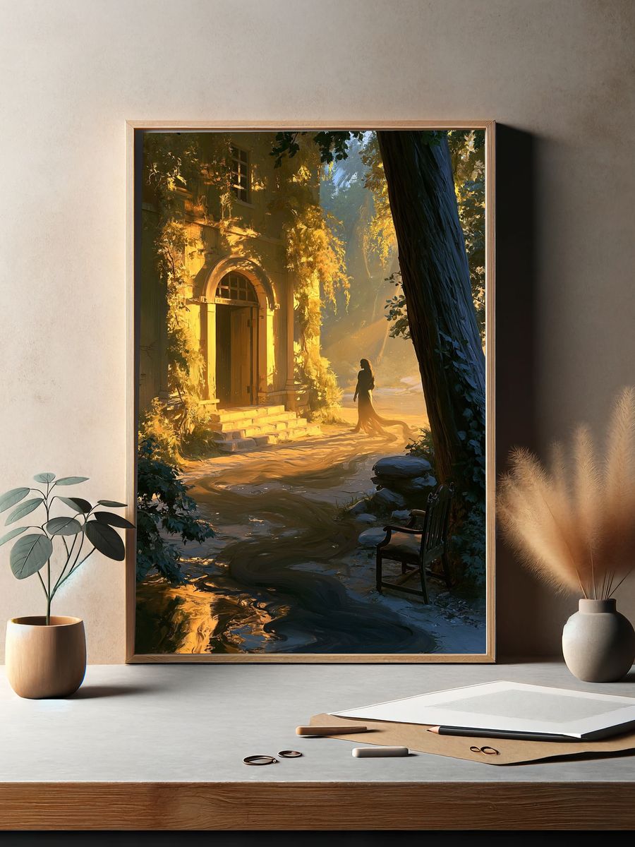 Golden Forest Courtyard Illustration Poster. — room view 2