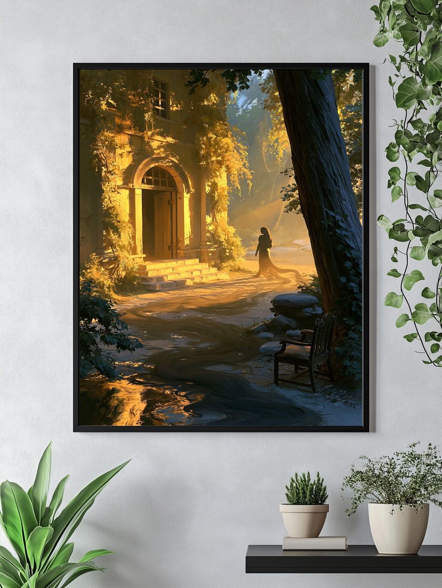 Golden Forest Courtyard Illustration Poster. — room view 4