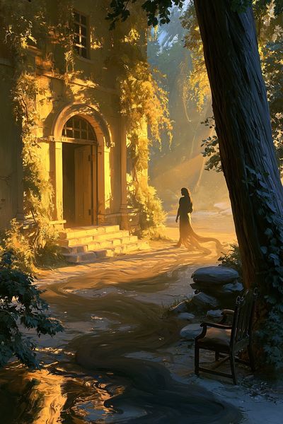 Golden Forest Courtyard Illustration Poster.