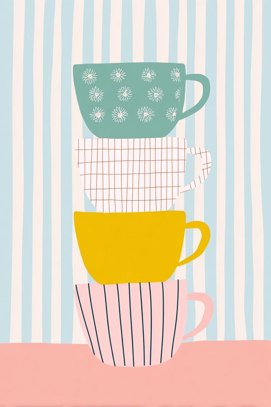 Stacked Teacups Illustration Poster. poster — illustration art