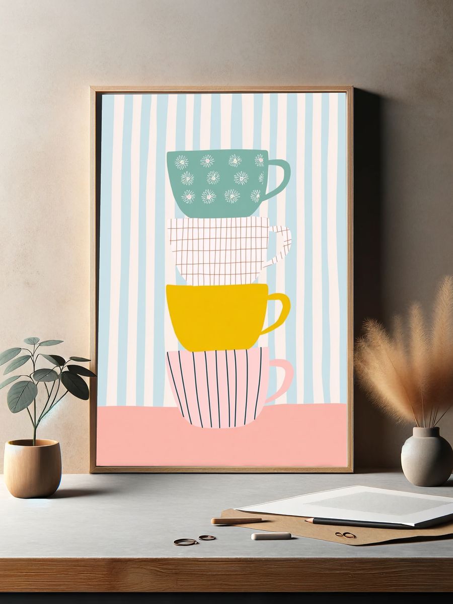 Stacked Teacups Illustration Poster. — room view 2