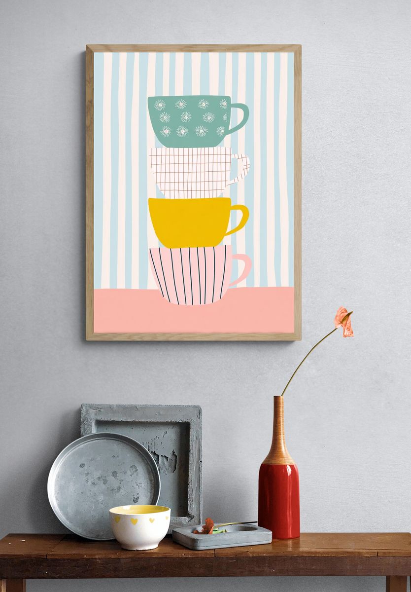 Stacked Teacups Illustration Poster. — room view 3