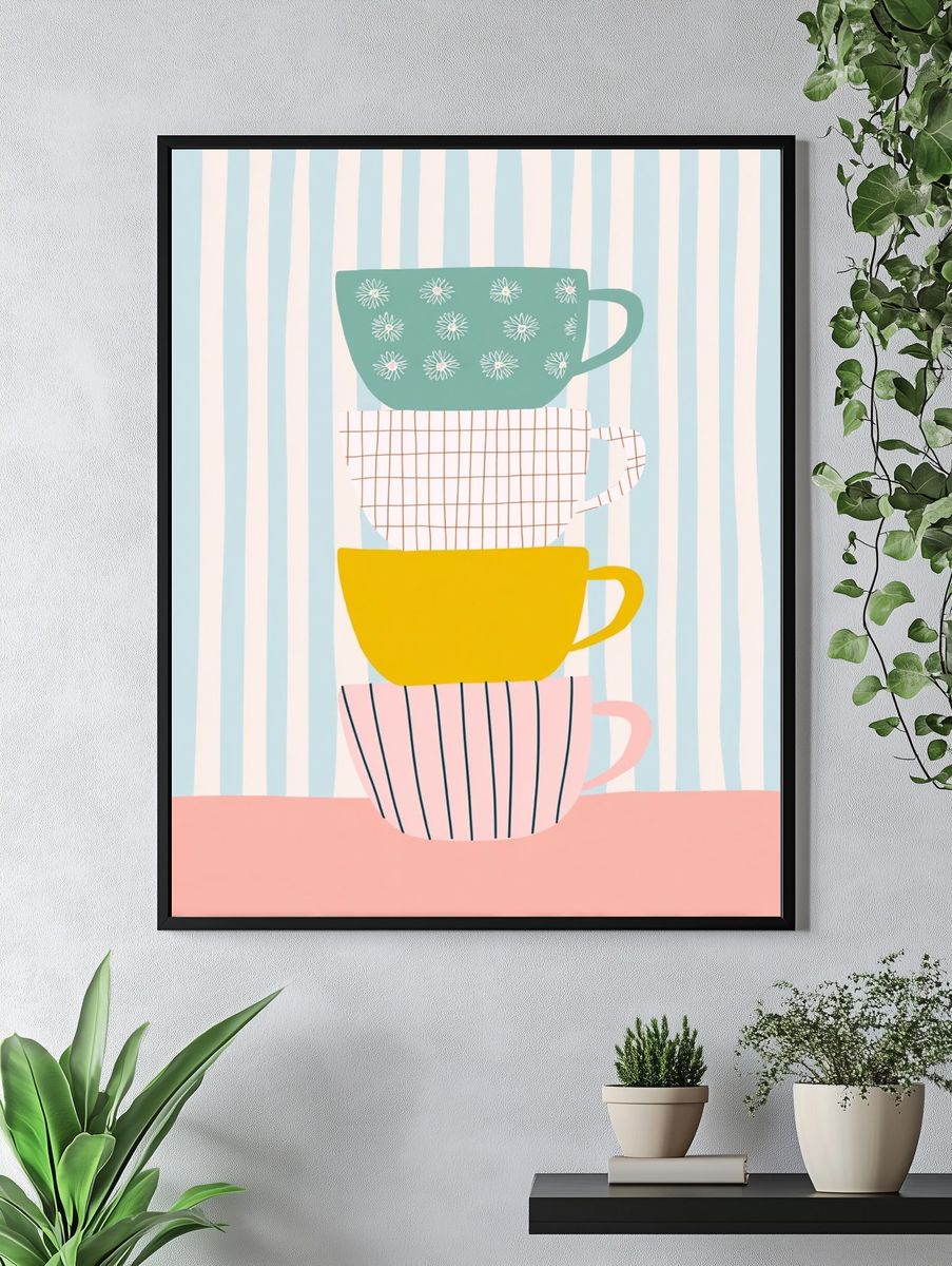 Stacked Teacups Illustration Poster. — room view 4