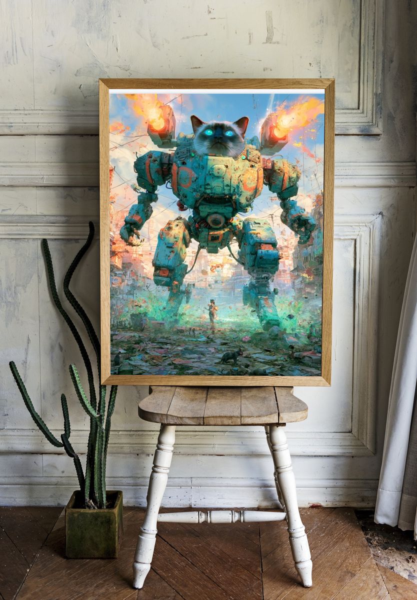 Giant Cat Mech Digital Art Poster. room preview