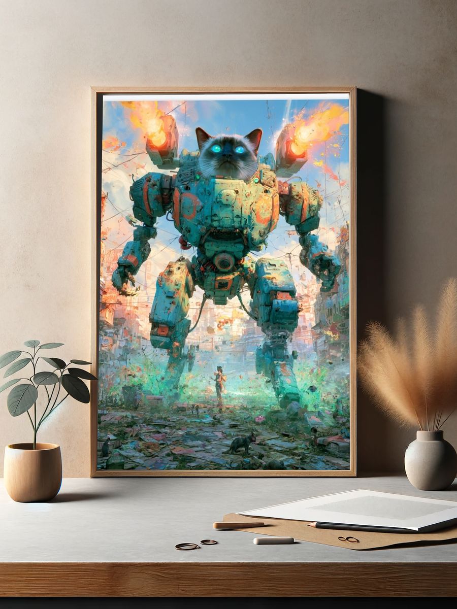 Giant Cat Mech Digital Art Poster. — room view 2