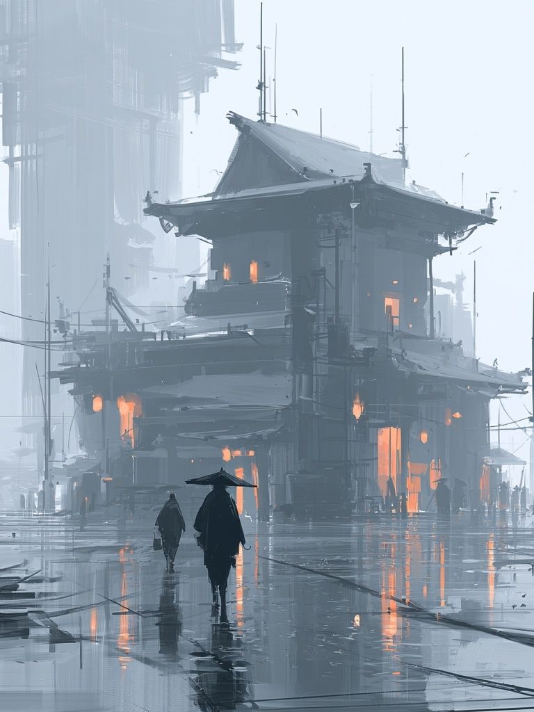 Foggy Cyberpunk Street — Illustration Print. poster — illustration art