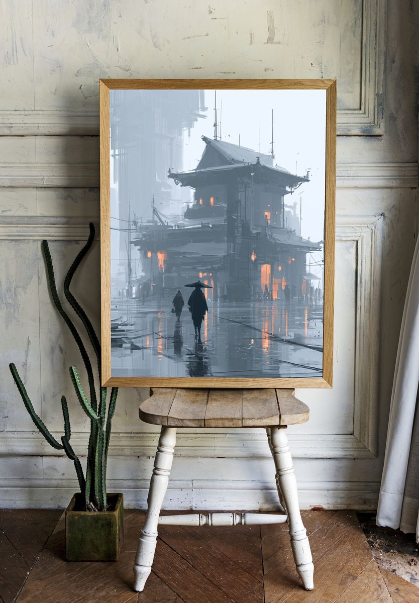 Foggy Cyberpunk Street — Illustration Print. room preview