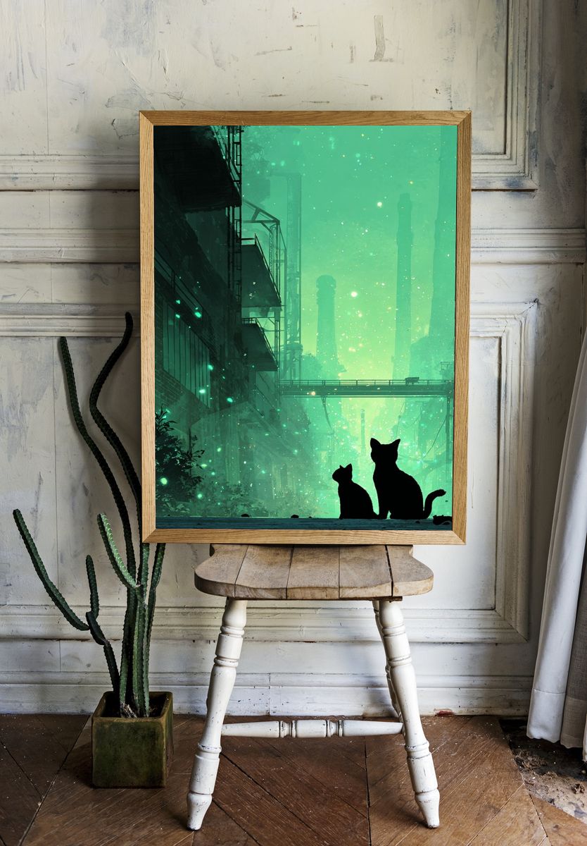 Cats in Neon Cityscape Illustration Poster. room preview