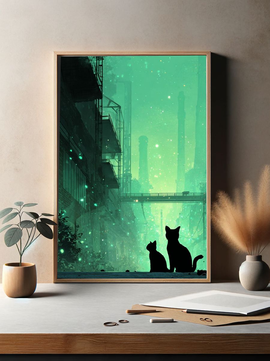 Cats in Neon Cityscape Illustration Poster. — room view 2