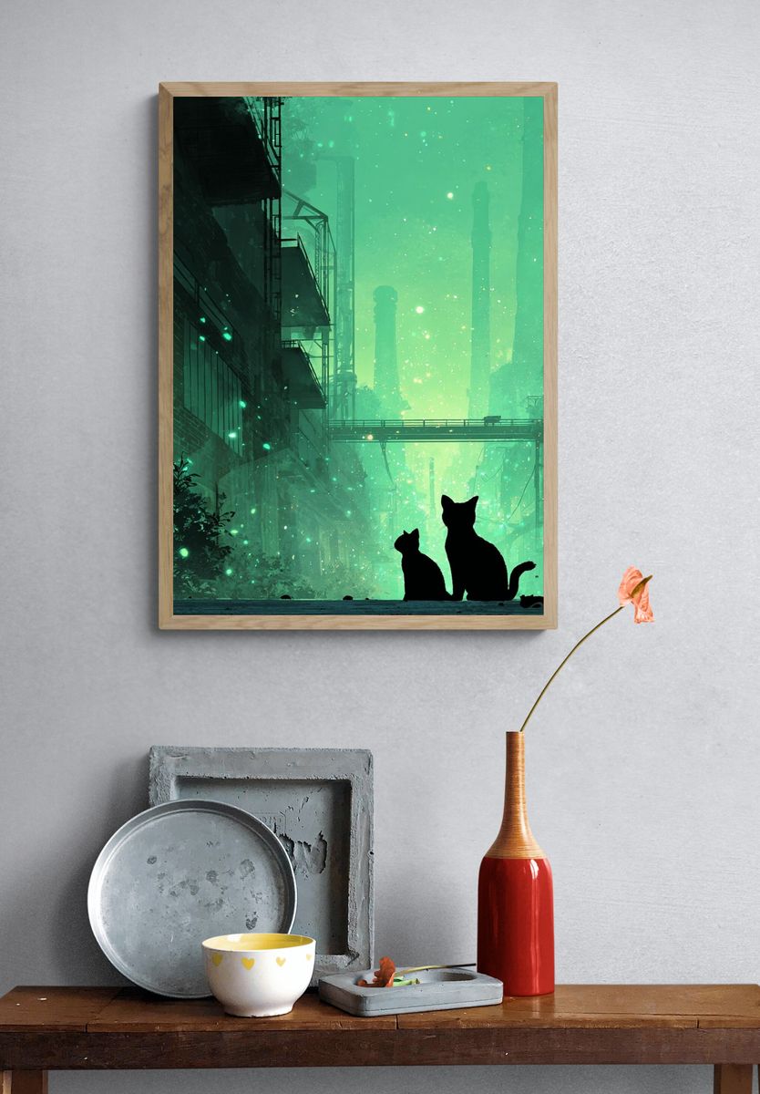 Cats in Neon Cityscape Illustration Poster. — room view 3