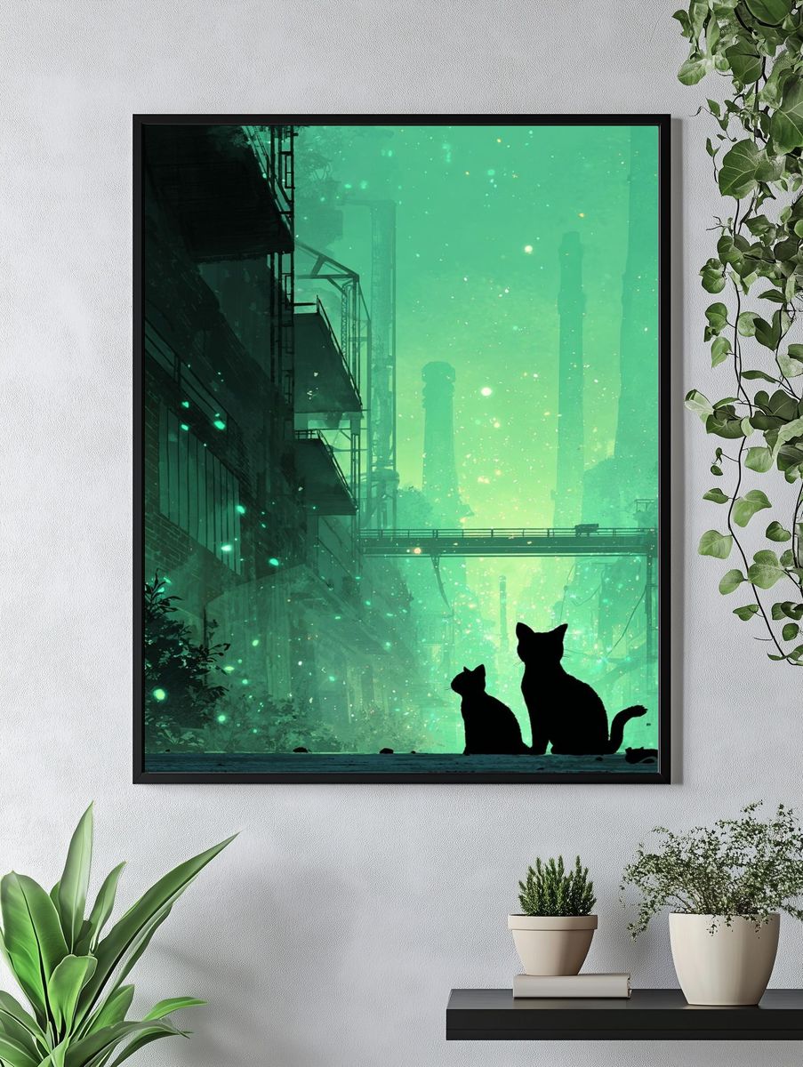 Cats in Neon Cityscape Illustration Poster. — room view 4