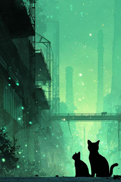 Cats in Neon Cityscape Illustration Poster.