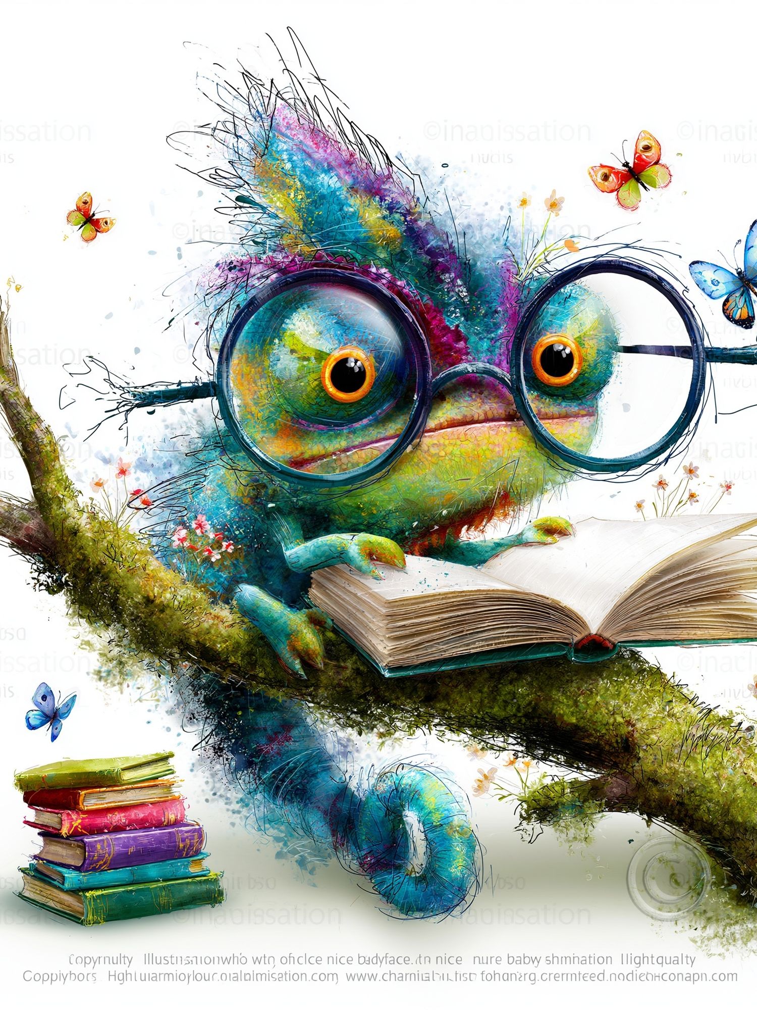 Bookish Chameleon Illustration Poster. poster — illustration art