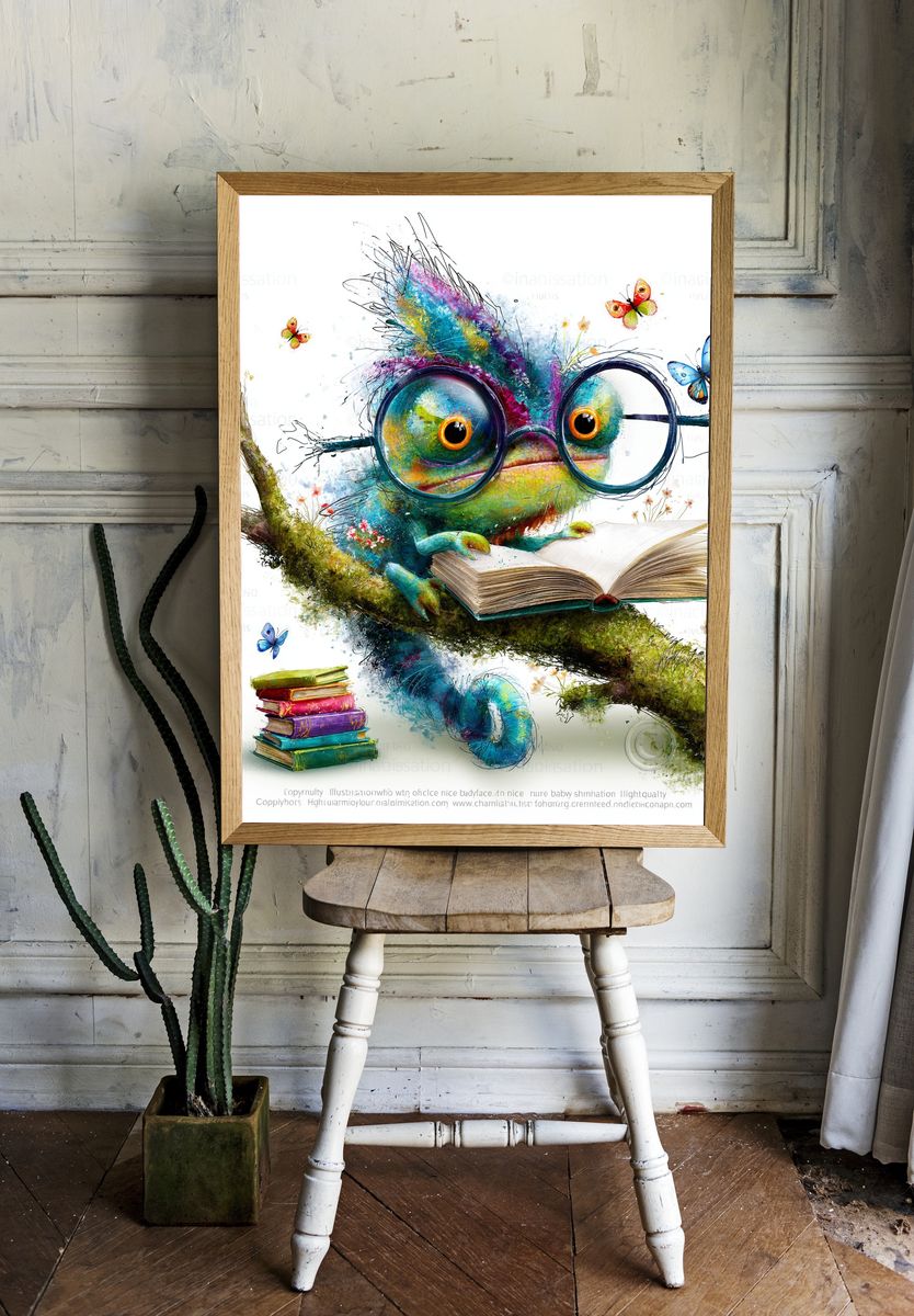 Bookish Chameleon Illustration Poster. room preview