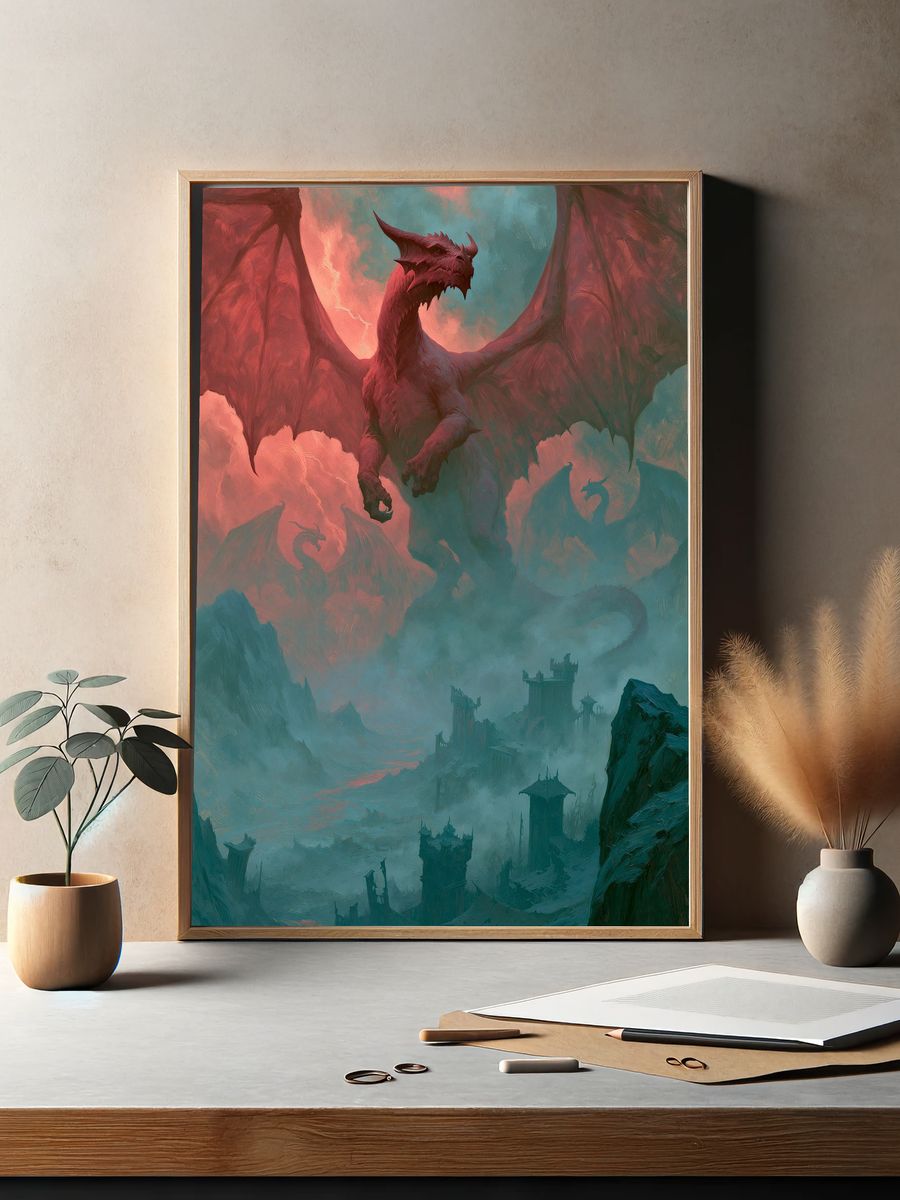 Dragon Over Misty Citadel Print. — room view 2