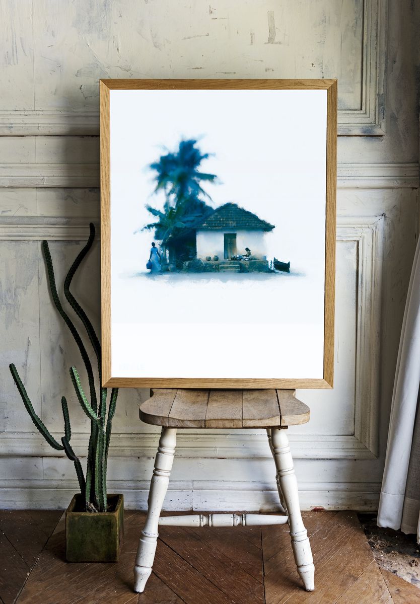 Blue Village House Watercolor Print. room preview