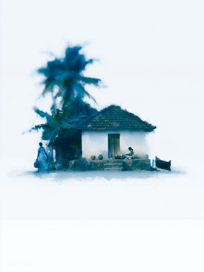Blue Village House Watercolor Print.