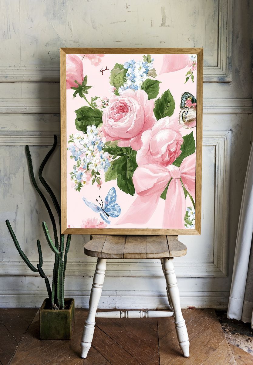 Pink Floral Butterfly Illustration Poster. room preview