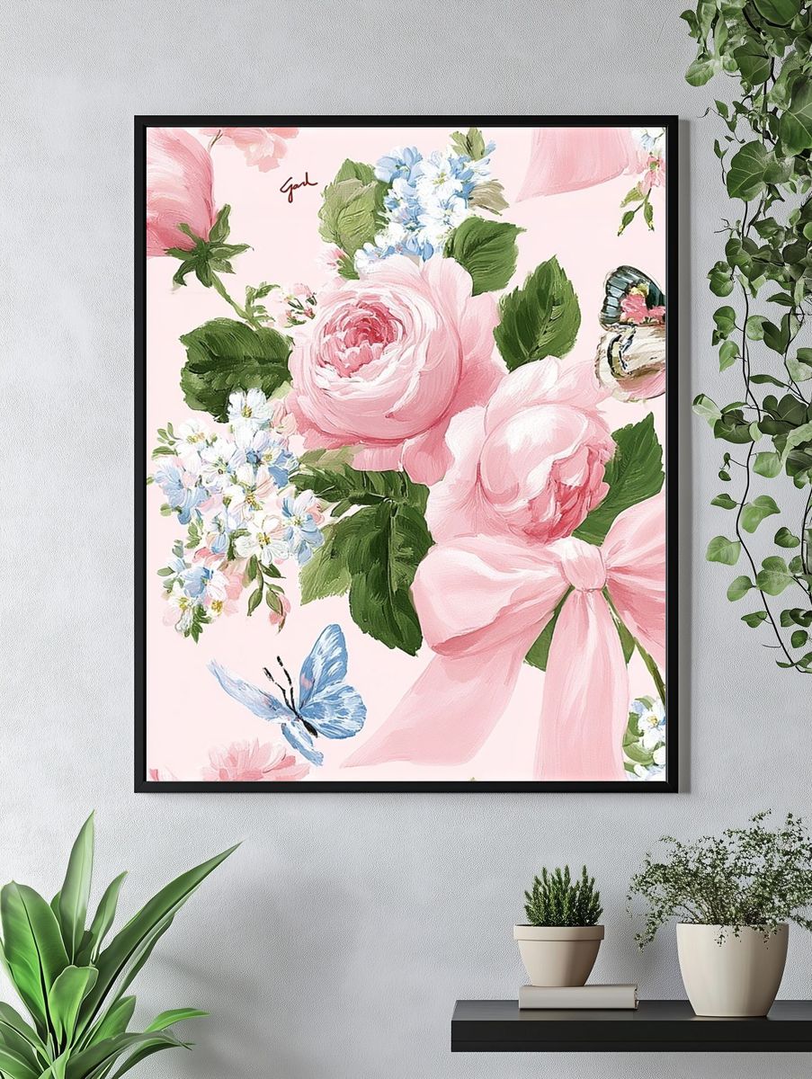 Pink Floral Butterfly Illustration Poster. — room view 4