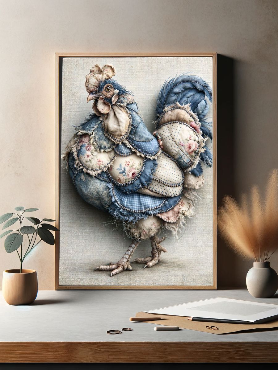 Patchwork Rooster Illustration Poster. — room view 2