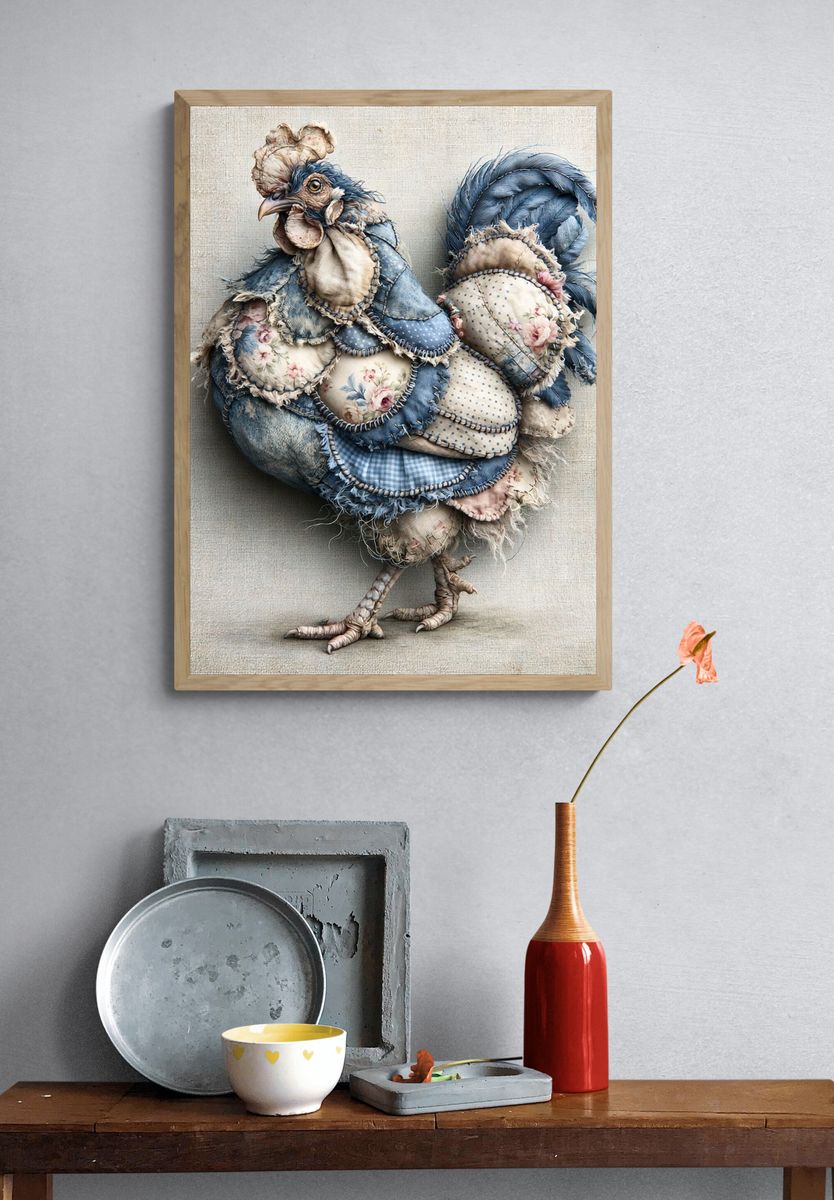 Patchwork Rooster Illustration Poster. — room view 3
