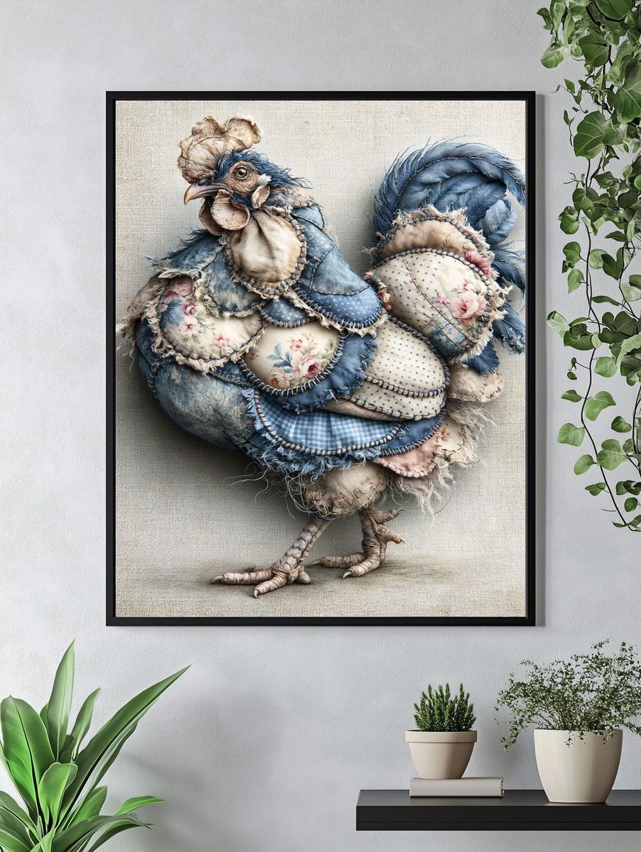 Patchwork Rooster Illustration Poster. — room view 4
