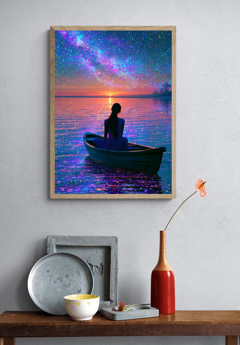 Dreamy Lake Sunset Illustration Poster. — room view 3