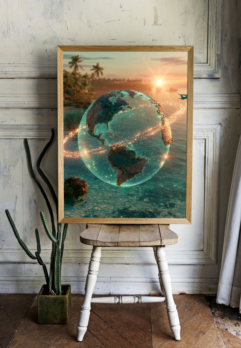 Tropical Globe Flight Illustration Poster. — room view 1