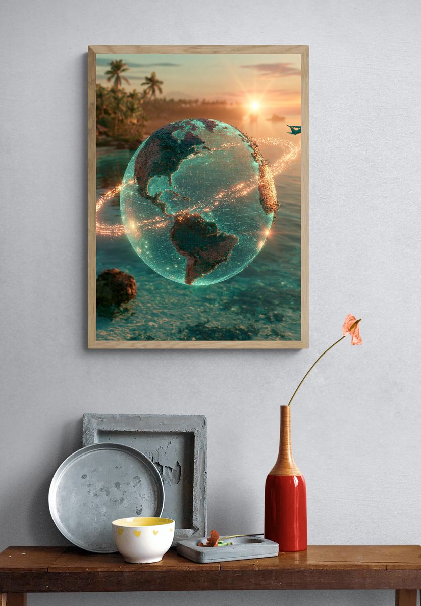 Tropical Globe Flight Illustration Poster. — room view 3
