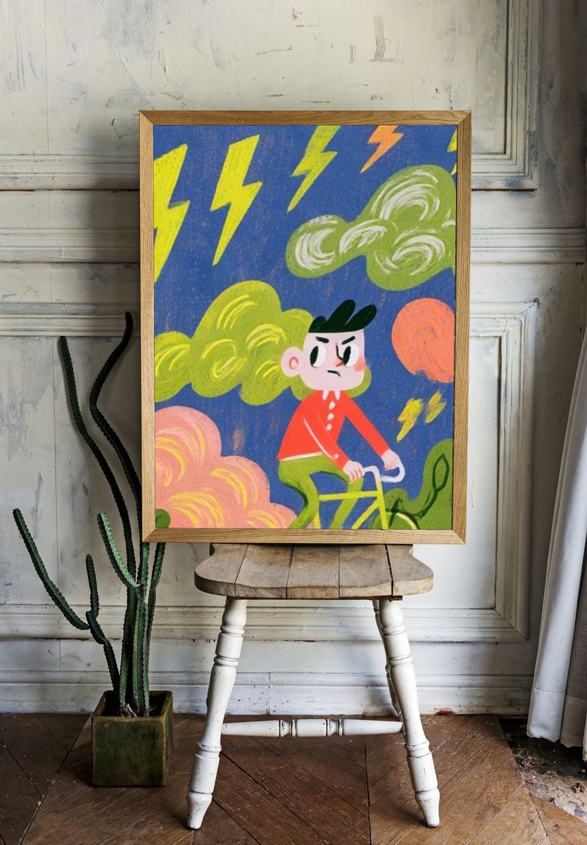 Stormy Cyclist Illustration Poster. — room view 1