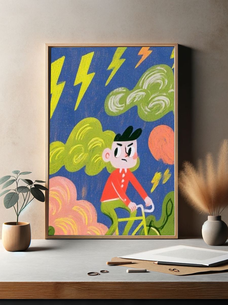 Stormy Cyclist Illustration Poster. — room view 2