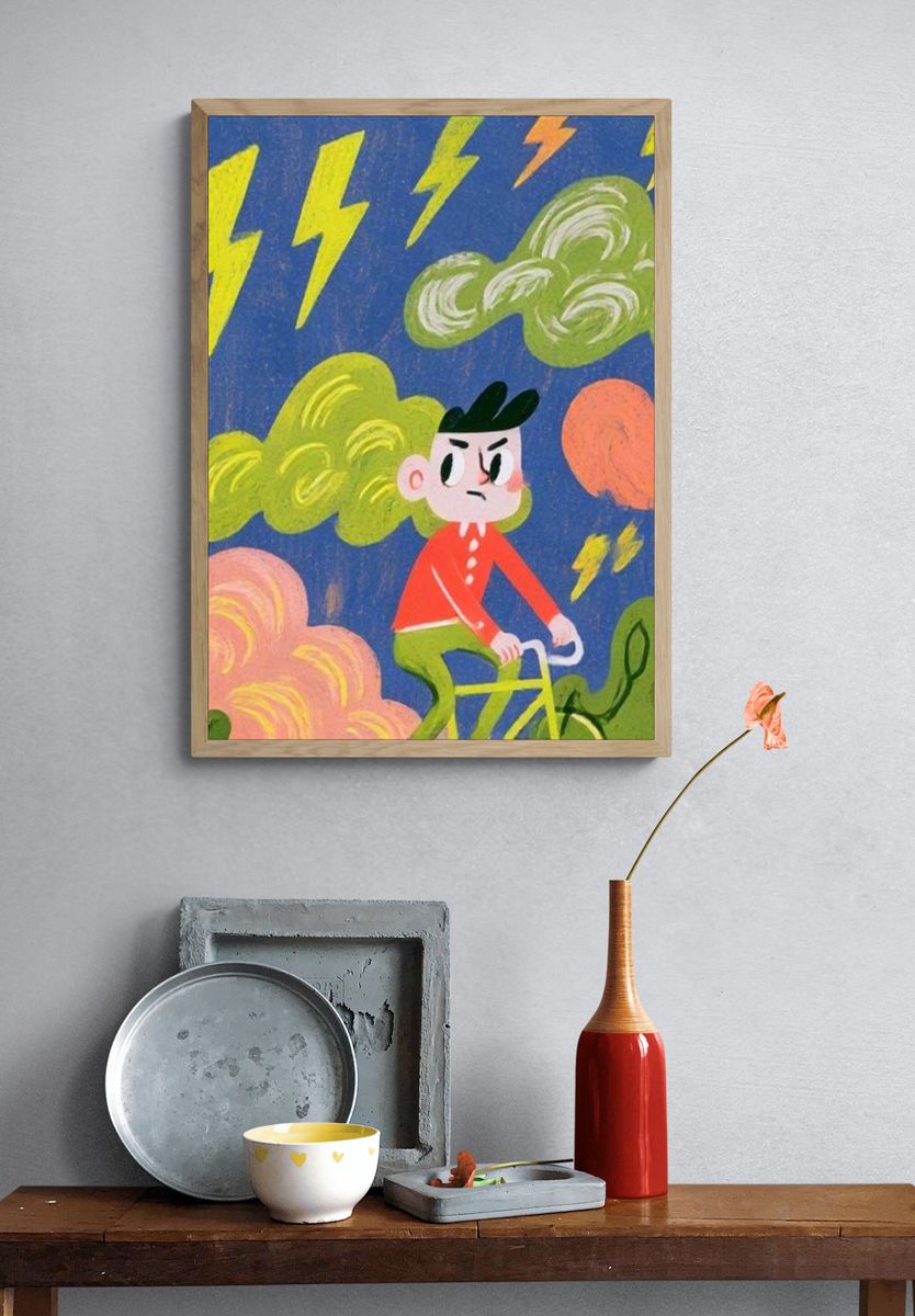 Stormy Cyclist Illustration Poster. — room view 3