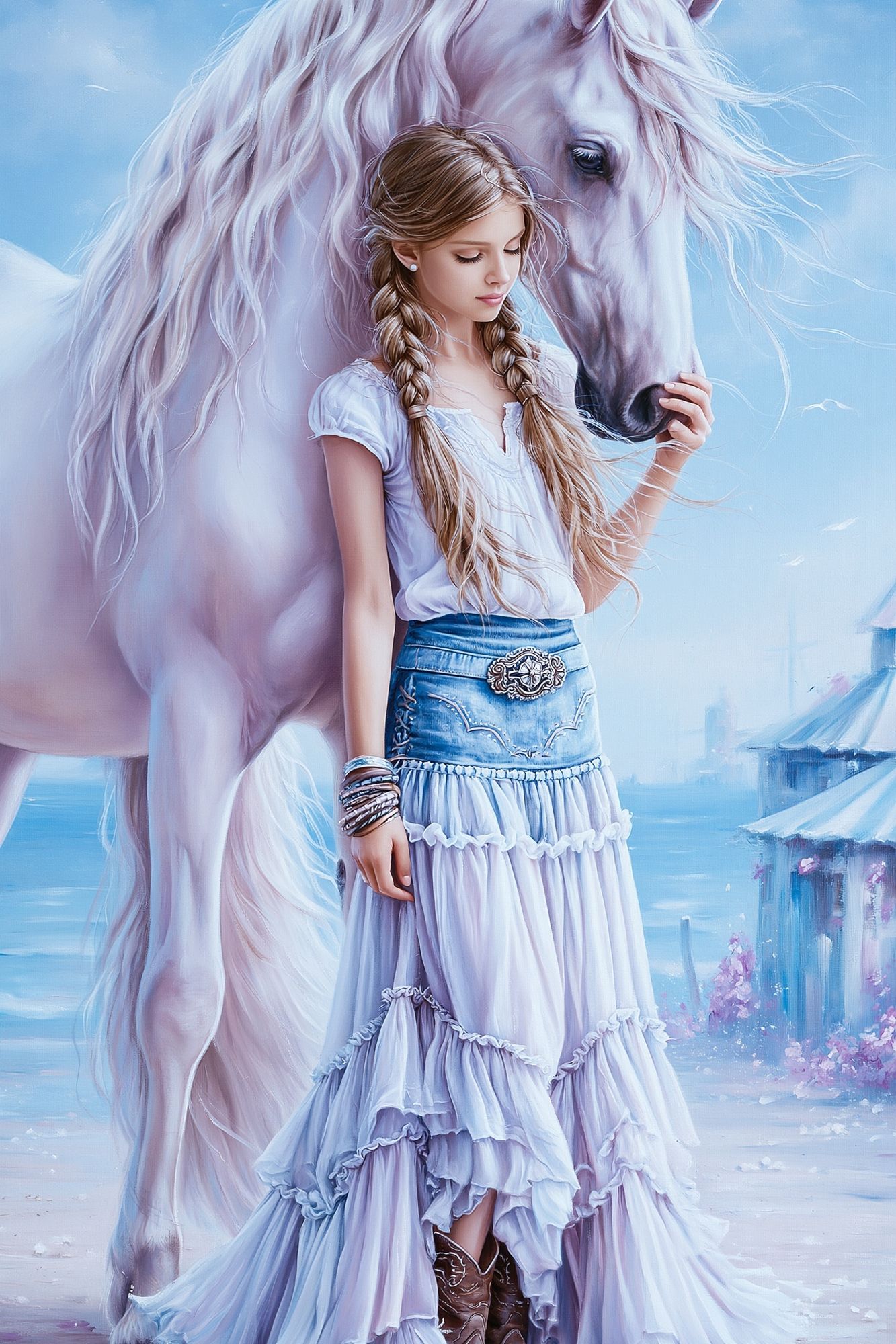 Girl and White Horse Fantasy Print. poster detail
