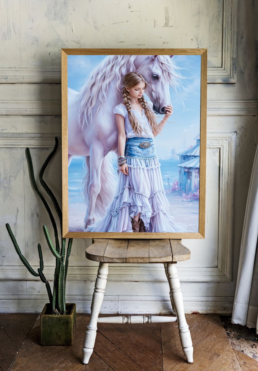 Girl and White Horse Fantasy Print. — room view 1