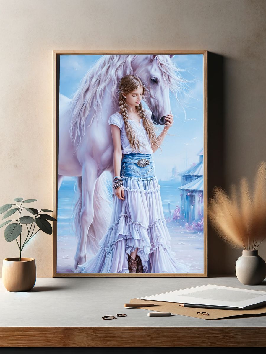 Girl and White Horse Fantasy Print. — room view 2