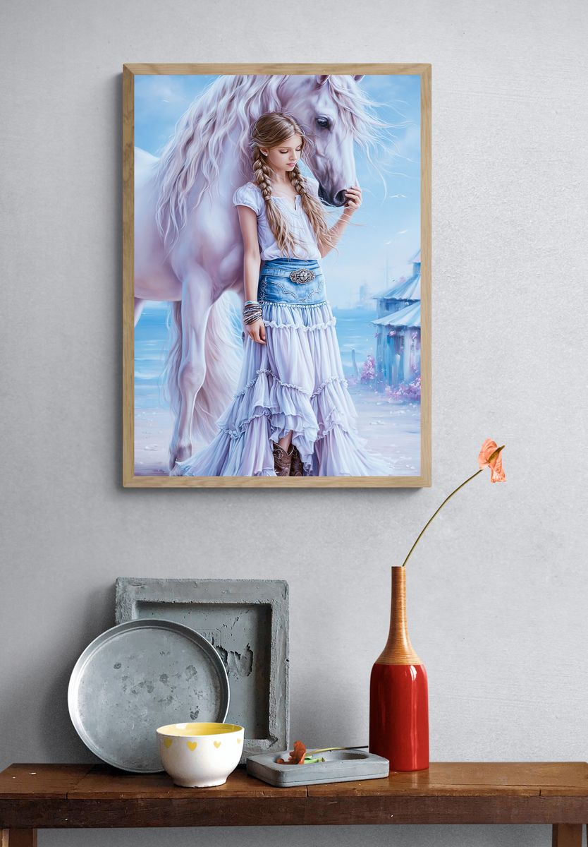 Girl and White Horse Fantasy Print. — room view 3