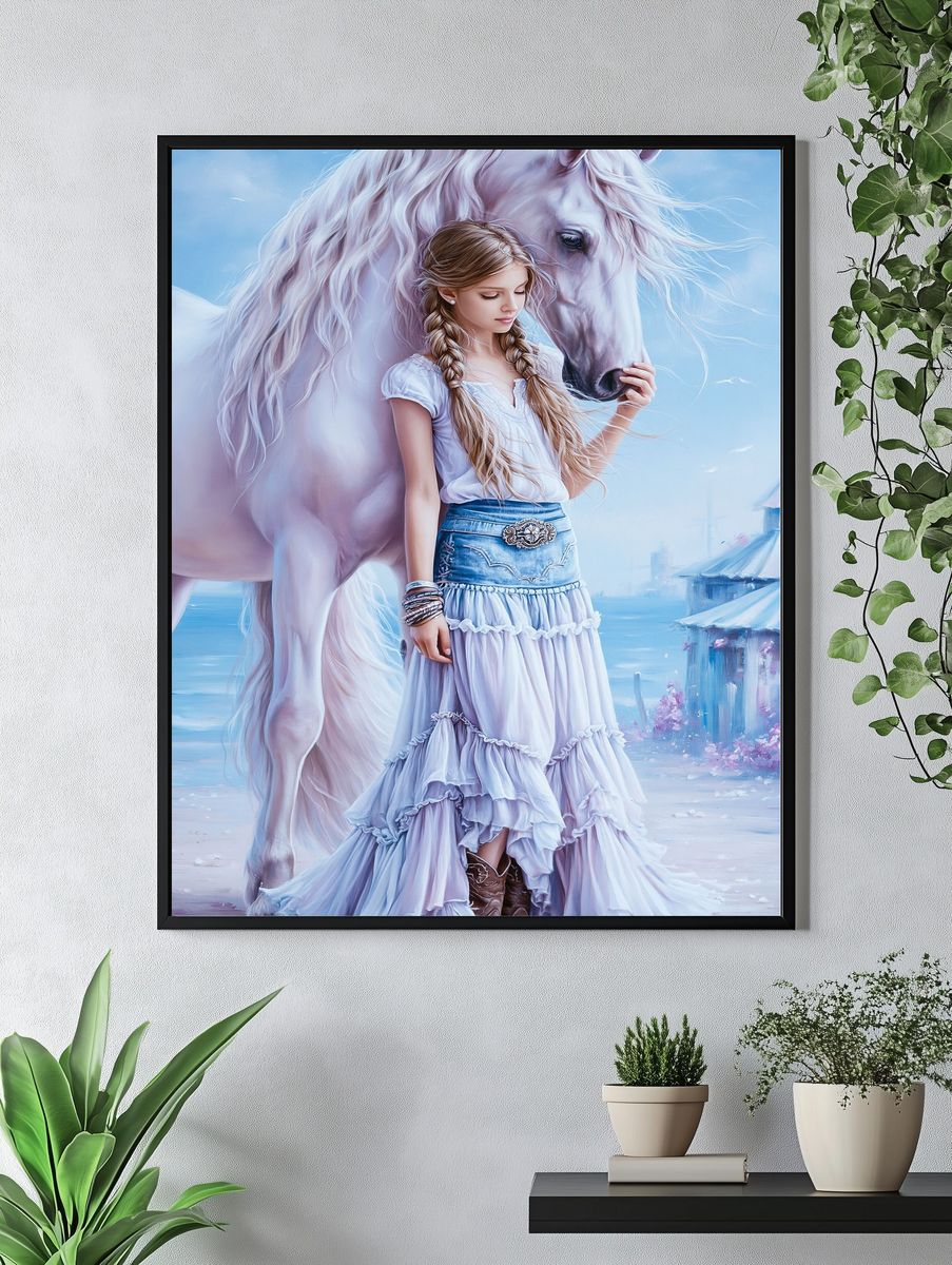 Girl and White Horse Fantasy Print. — room view 4