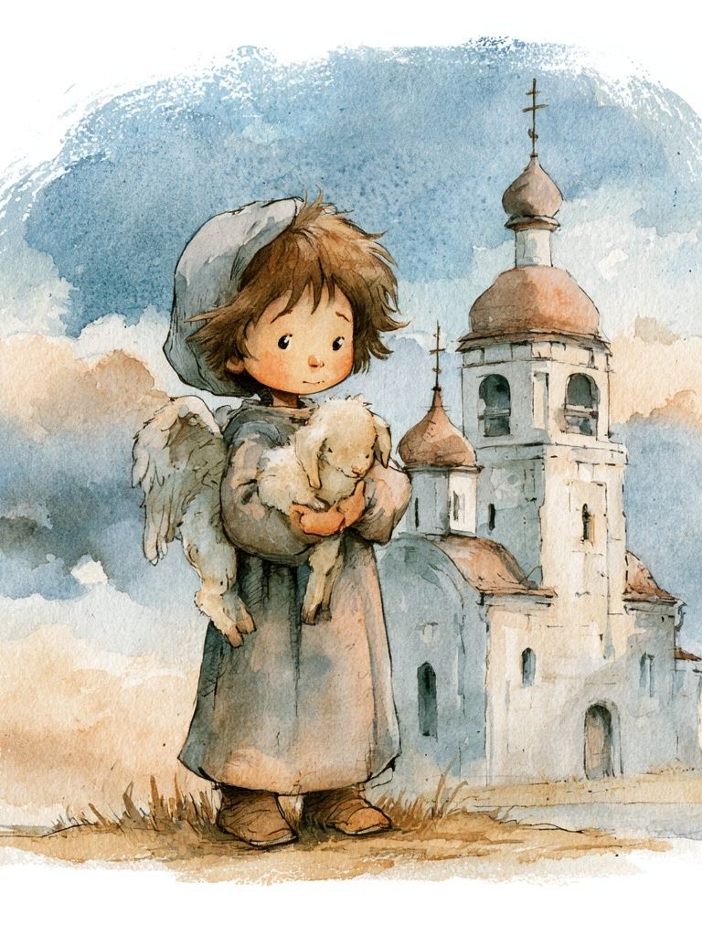 Child and Lamb Watercolor Print. poster — illustration art