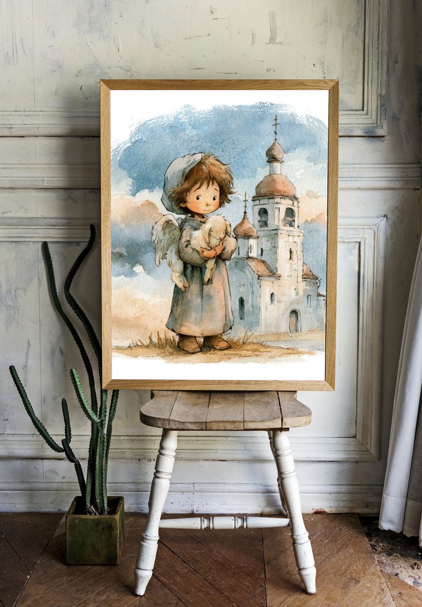 Child and Lamb Watercolor Print. room preview