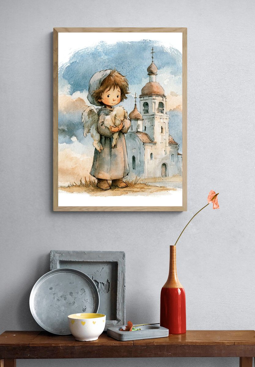 Child and Lamb Watercolor Print. — room view 3