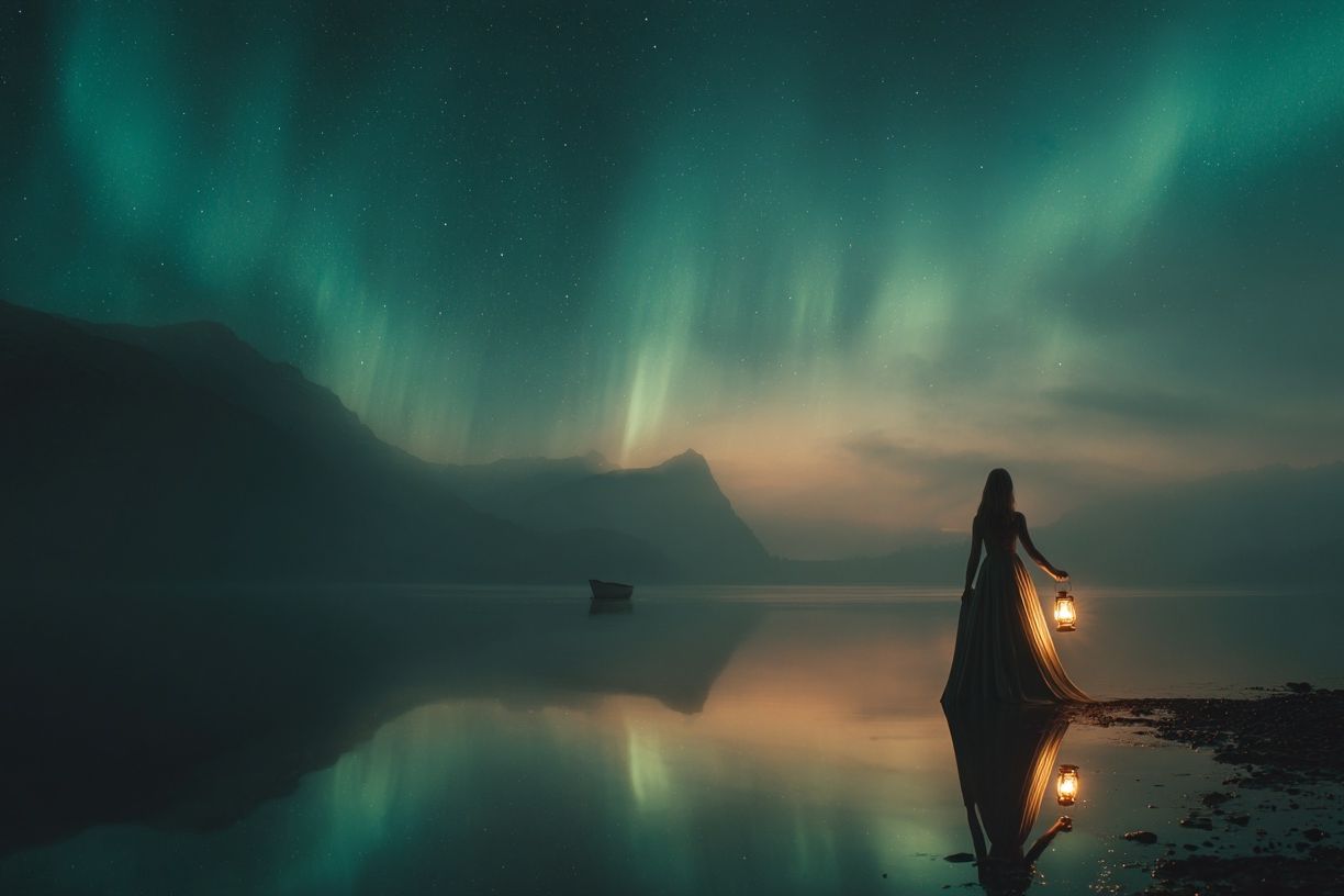 Aurora Lake Silhouette Fantasy Print. poster — illustration art