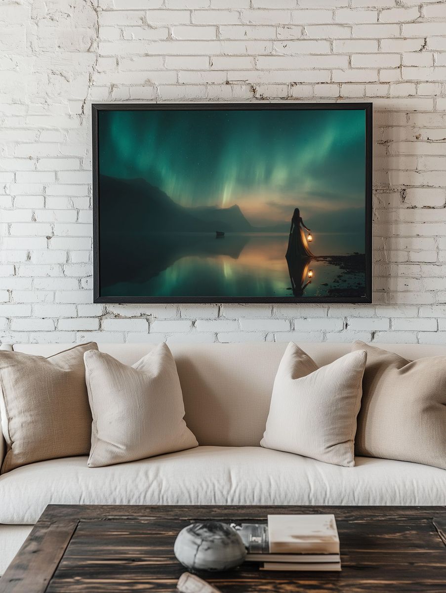 Aurora Lake Silhouette Fantasy Print. — room view 1