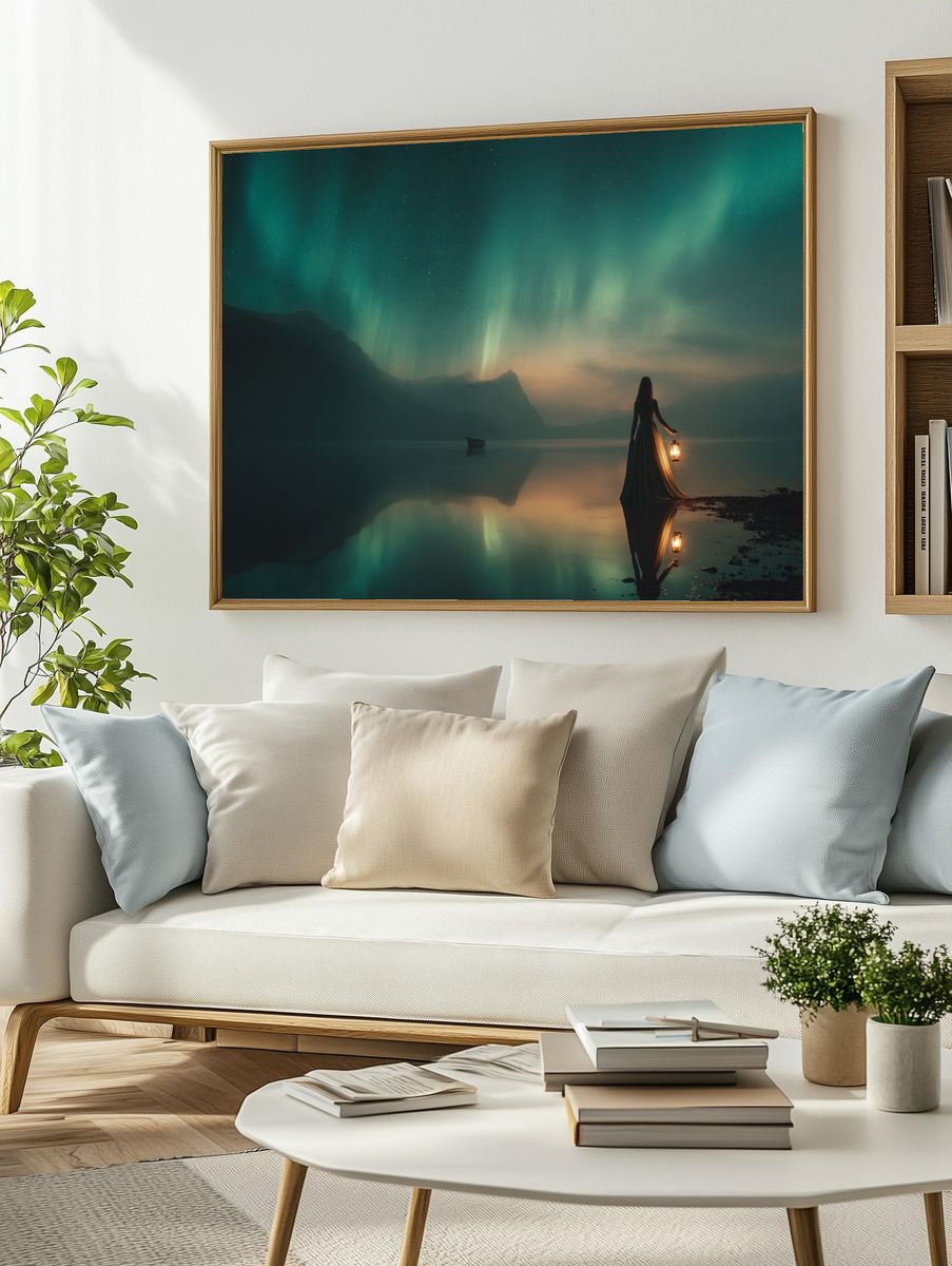 Aurora Lake Silhouette Fantasy Print. — room view 2