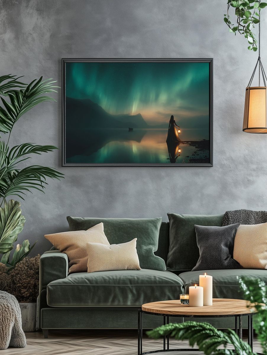 Aurora Lake Silhouette Fantasy Print. — room view 4