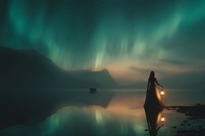 Aurora Lake Silhouette Fantasy Print. poster