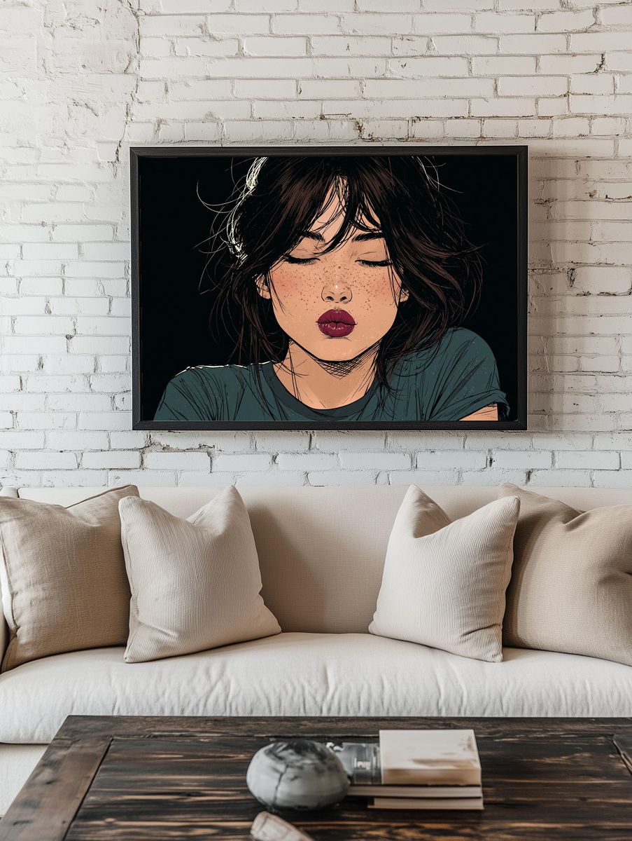 Freckled Woman Portrait Illustration Poster. room preview