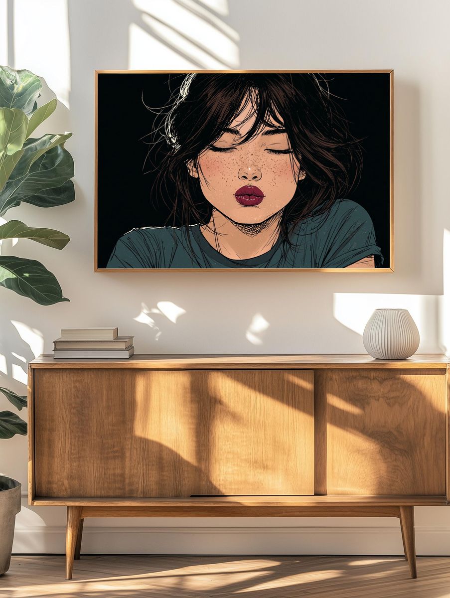 Freckled Woman Portrait Illustration Poster. — room view 3