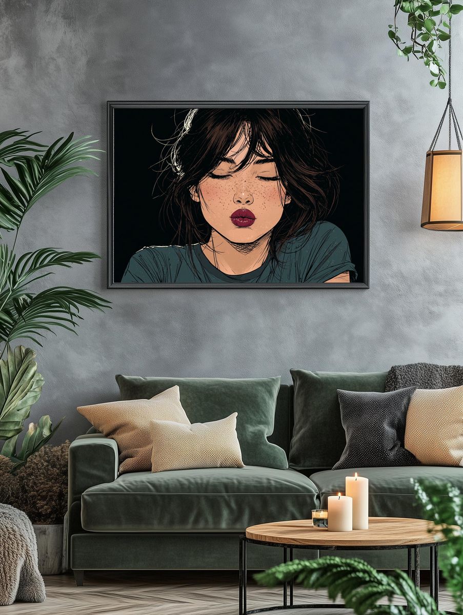 Freckled Woman Portrait Illustration Poster. — room view 4