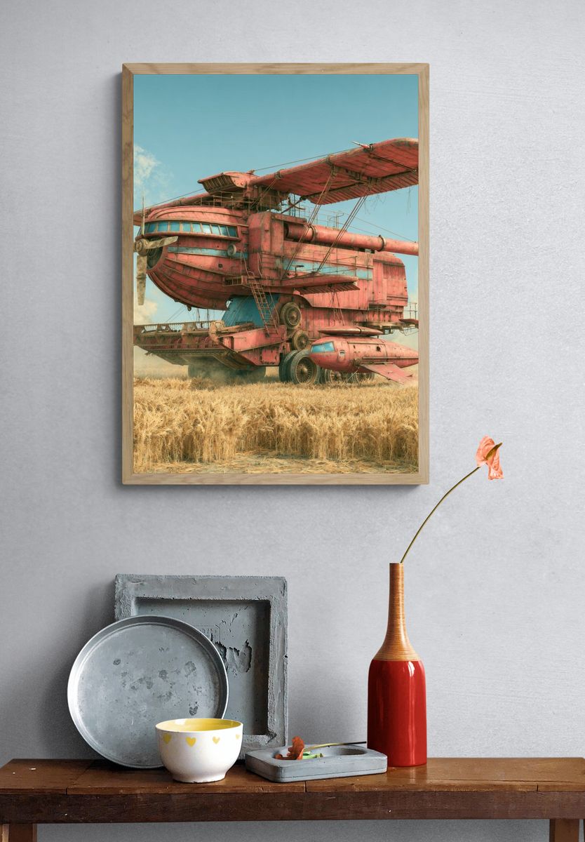 Retro Airship in Wheat Field Poster. — room view 3